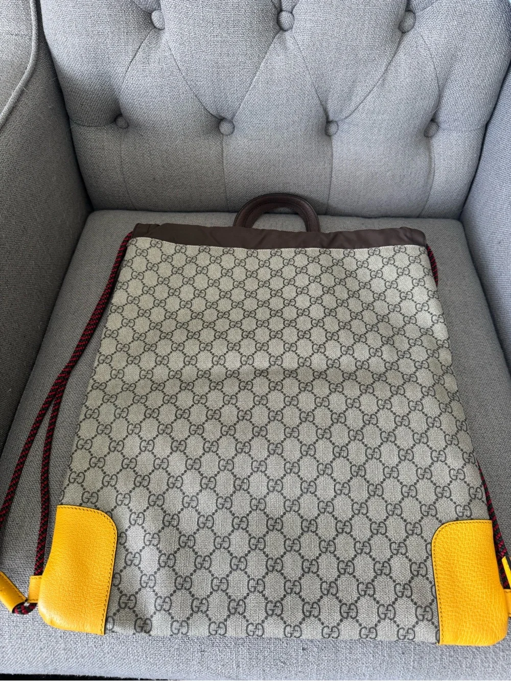 Gucci Beige GG Canvas Backpack with Yellow Corners and Brown Trim